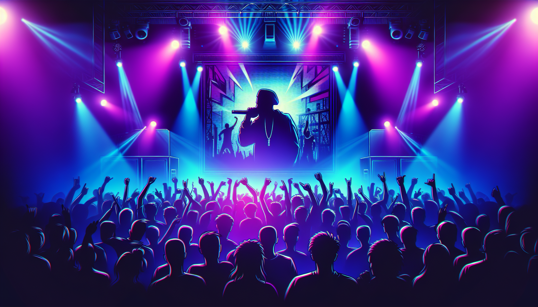 Hip hop concert stage with dramatic neon lighting