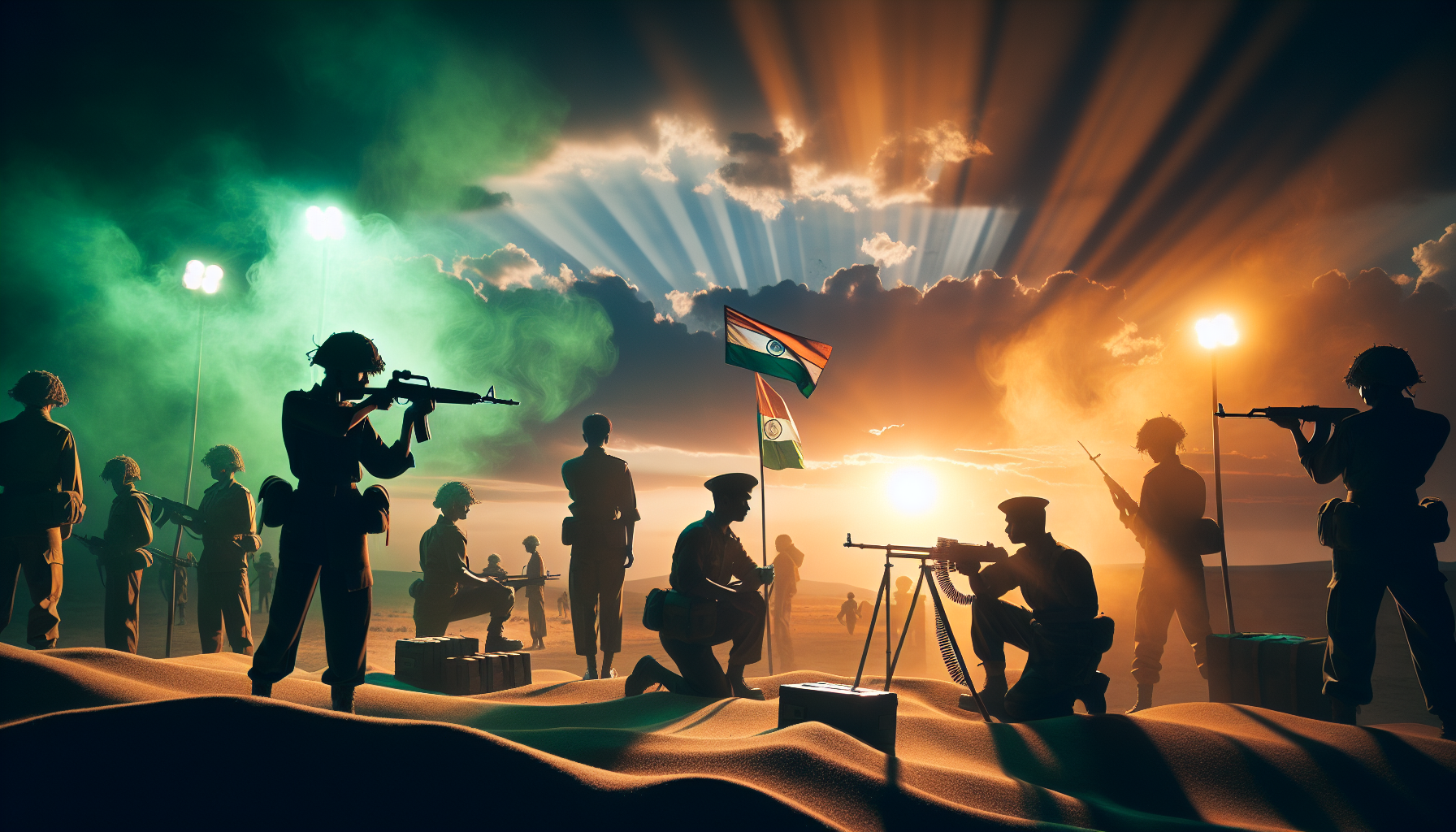 Indian army soldiers at desert border during dramatic sunset